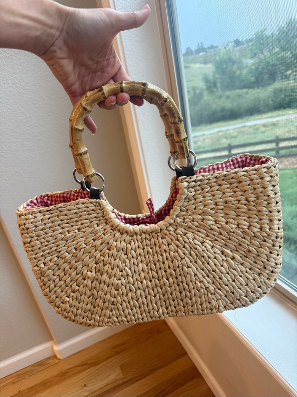 London Fog Natural Straw Tote with Bamboo Handles and Red Gingham Lining